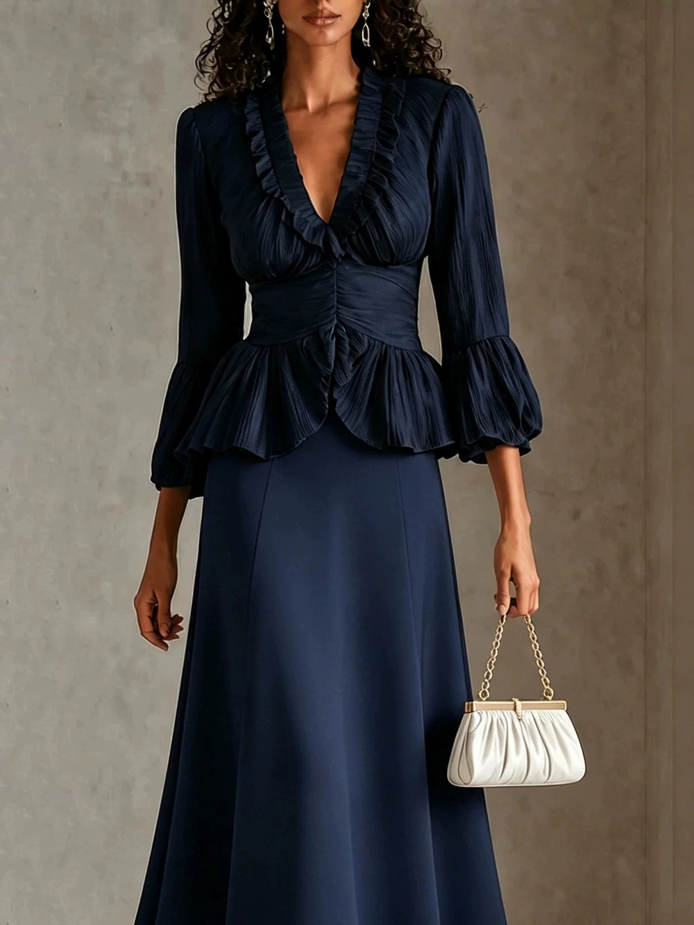 ZARA French Navy Ruffle Collar Faux Two Piece Midi Dress
